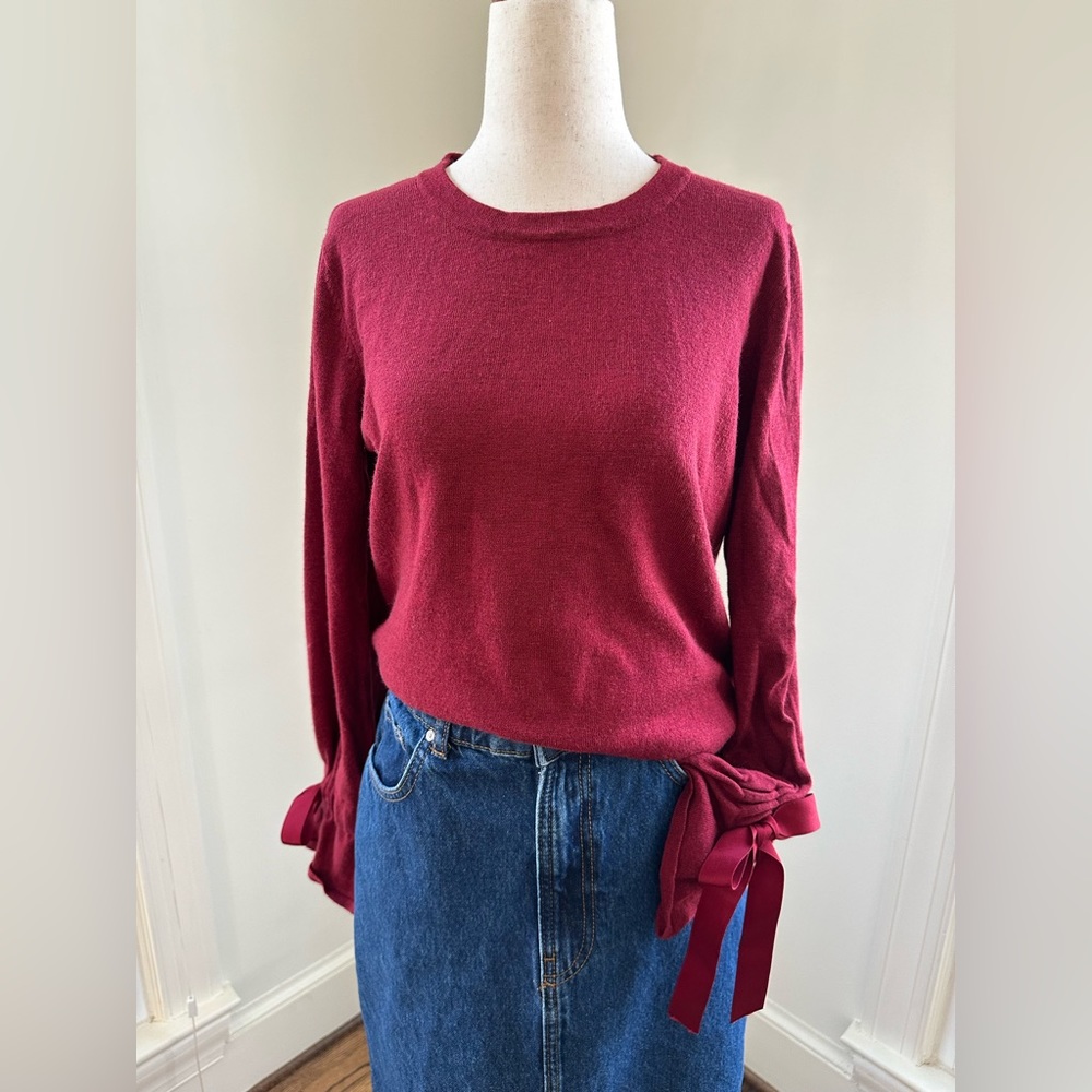 MAX STUDIO Red Sweater with Bow Tie Sleeves Sz S - Picture 7 of 9